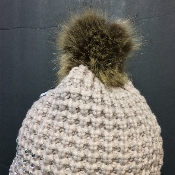 Knit Winter Hat Beige Rhinestone Faux Fur PomPom - Picture 2 of 3